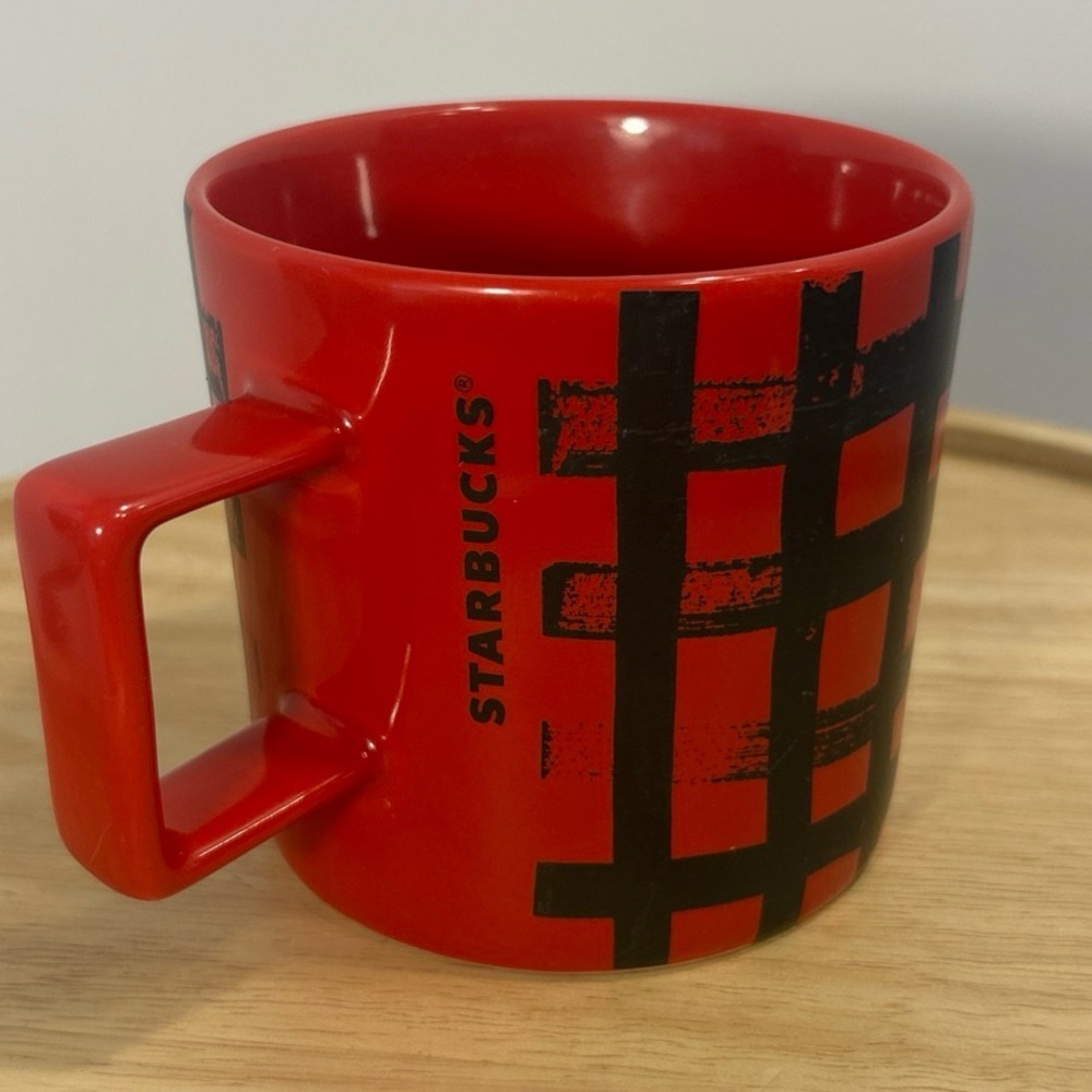 Starbucks 2016 Buffalo Plaid Mug Red Black Check Square Handle Holiday 14oz Rare
